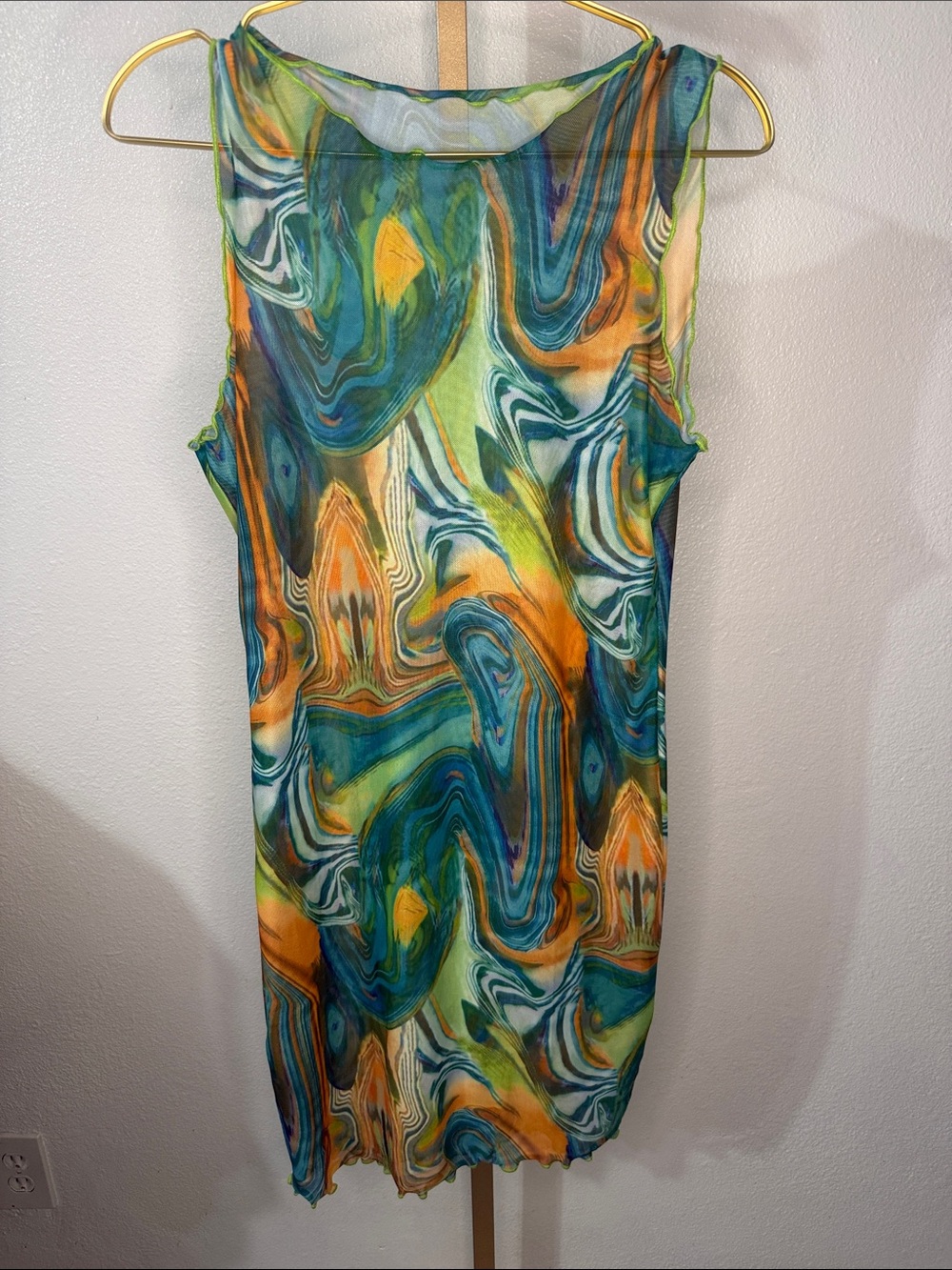 Sleeveless Marble-Print Sheer Bodycon mesh Dress in Teal & Orange- large